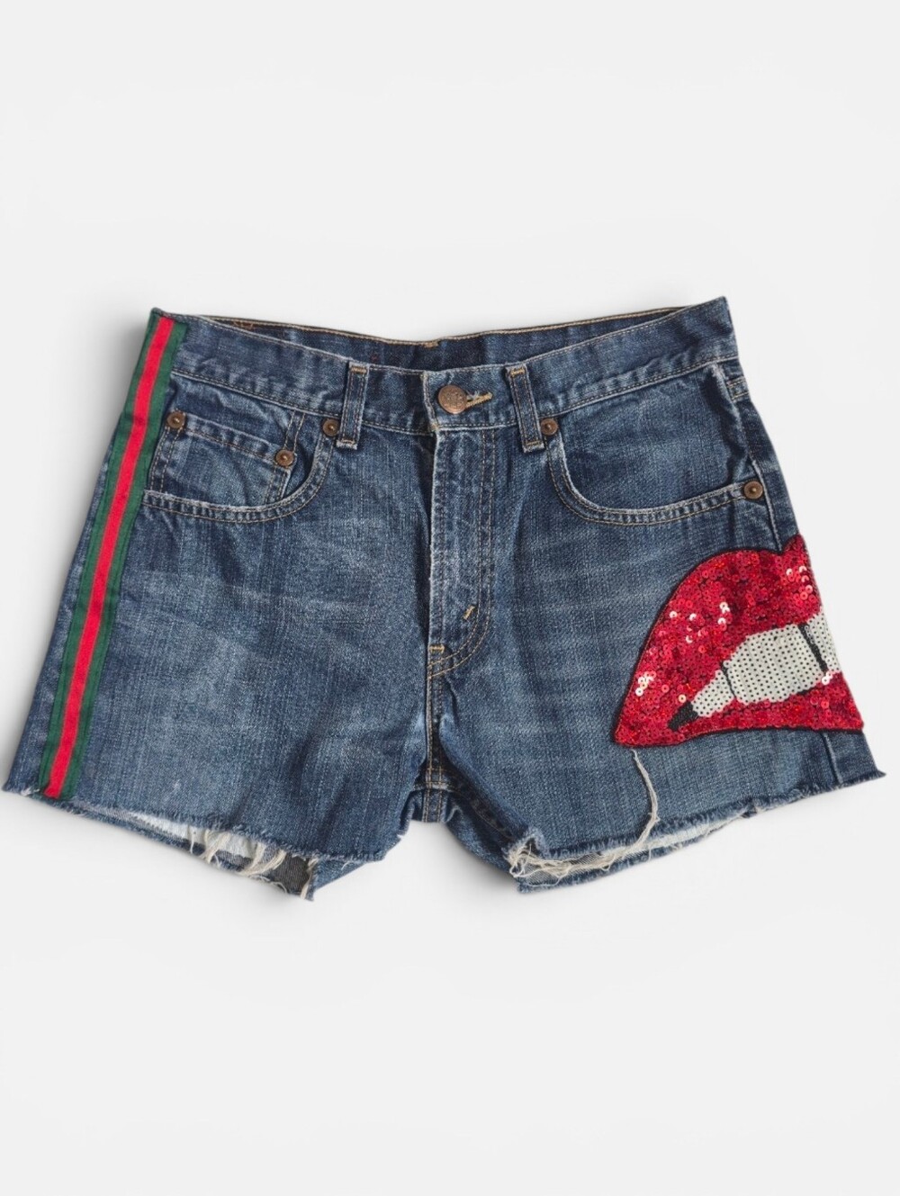 Levi's 514 Red Label Y2K Vintage Reworked Denim Shorts With Sequin Red Lips